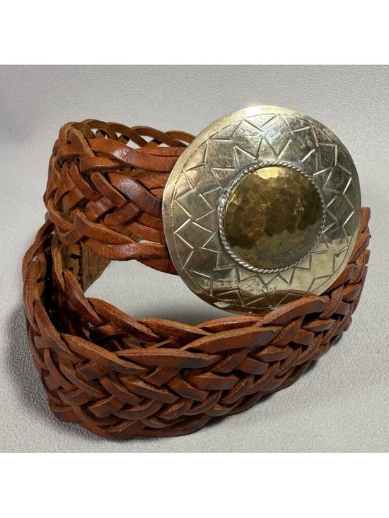 Accessories - Braided Brown Leather Belt with Round Silver and Gold-Tone Buckle